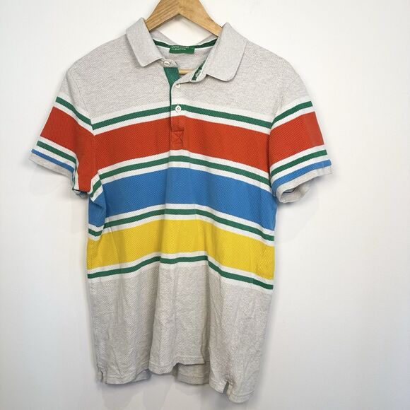 United Colors Of Benetton Polo Shirt Men Small Gray Short Sleeve Striped Preppy - Picture 1 of 8